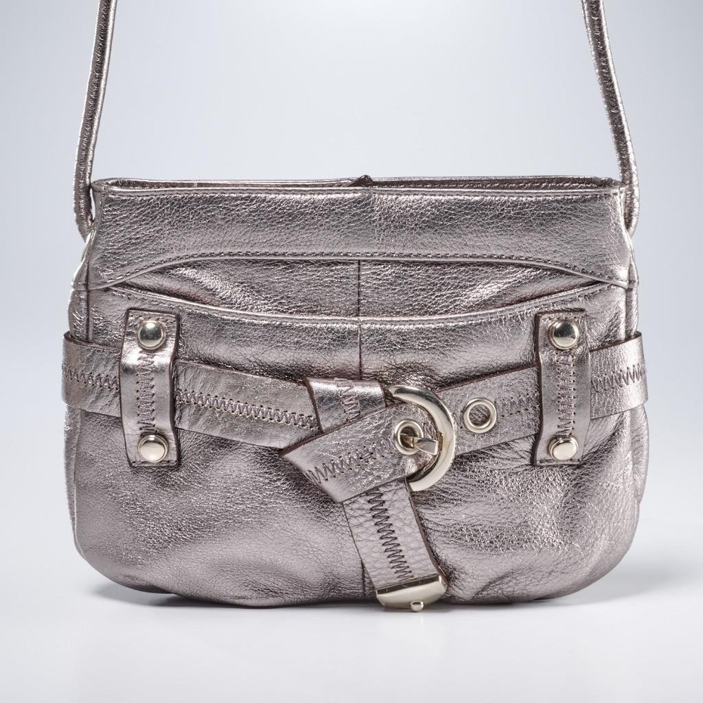 B Makowsky Blue Silver Metallic Genuine Leather Crossbody Evening Bag Purse 9x7